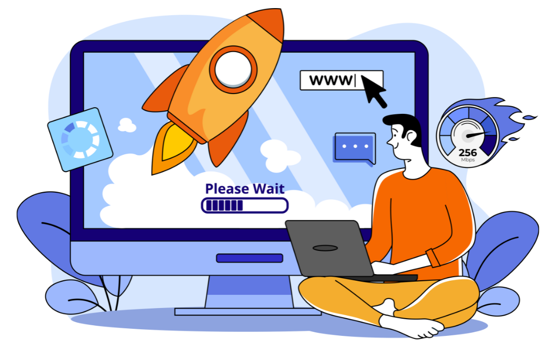 A person sitting cross-legged in front of a computer, engaging with a website loading screen featuring a rocket and a loading bar.